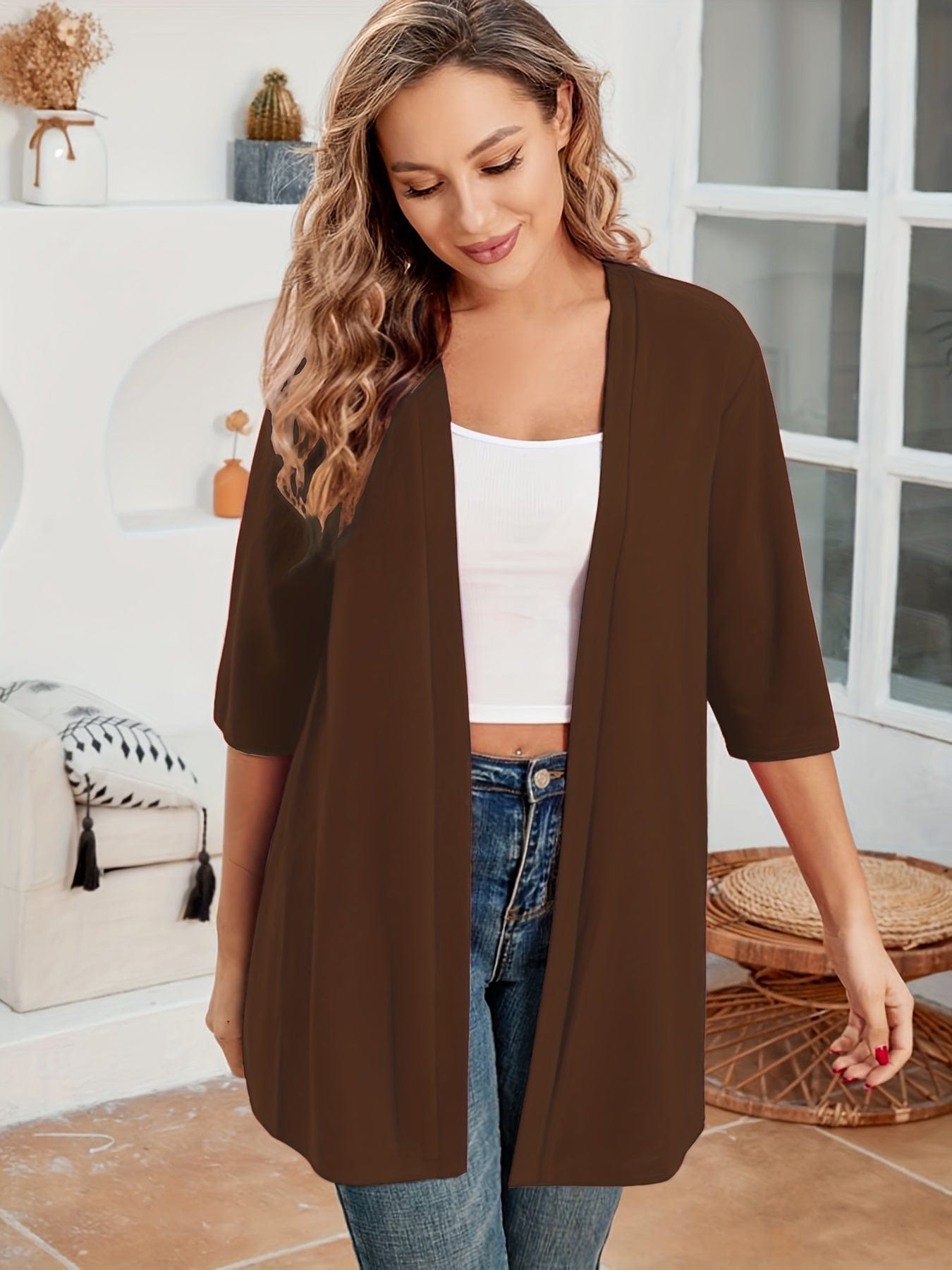Plus Size Casual Cardigan, Women's Plus Solid Half Sleeve Open Front High Stretch Cardigan