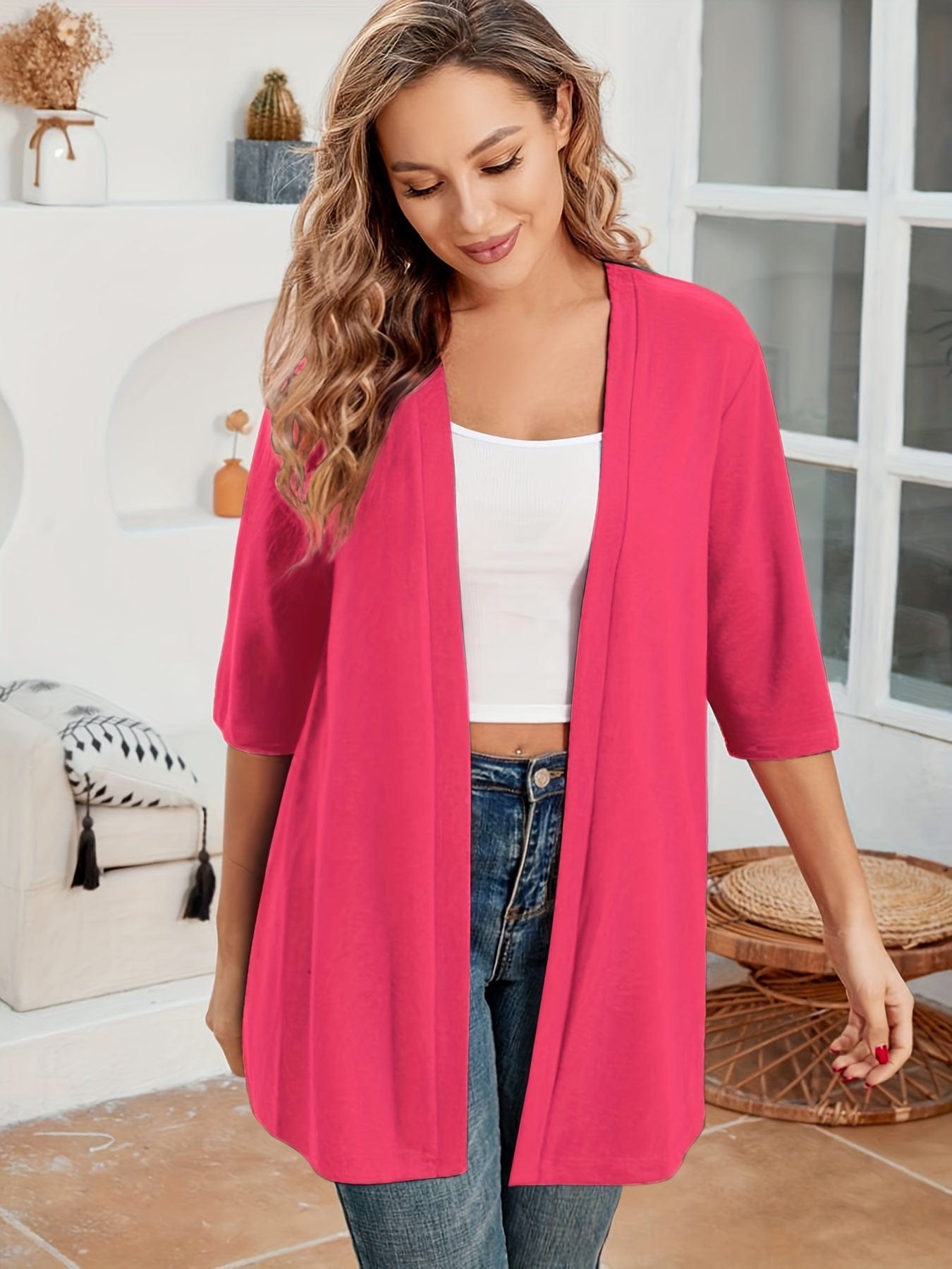 Plus Size Casual Cardigan, Women's Plus Solid Half Sleeve Open Front High Stretch Cardigan