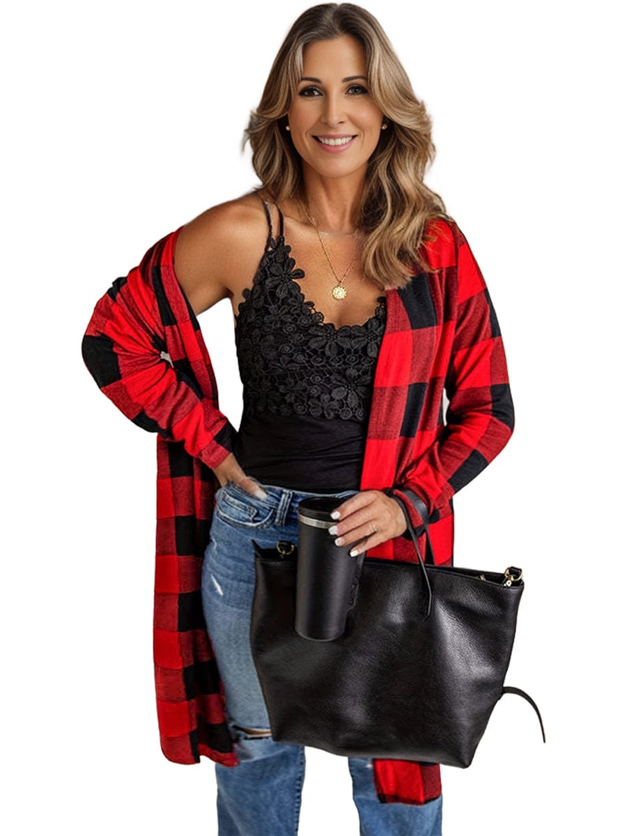 Plus Size Casual Coat, Women's Plus Gingham Print Long Sleeve Open Front Cardigan