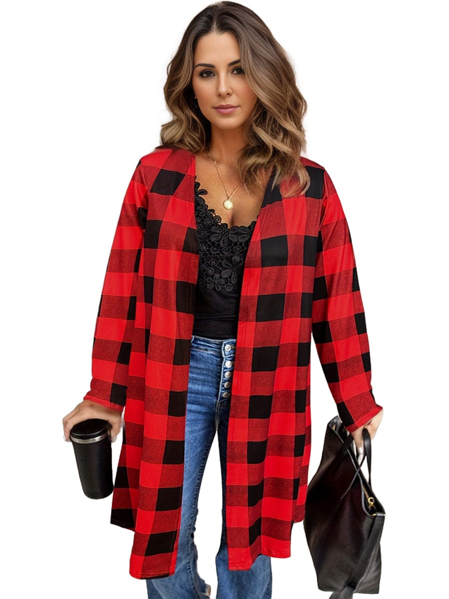 Plus Size Casual Coat, Women's Plus Gingham Print Long Sleeve Open Front Cardigan