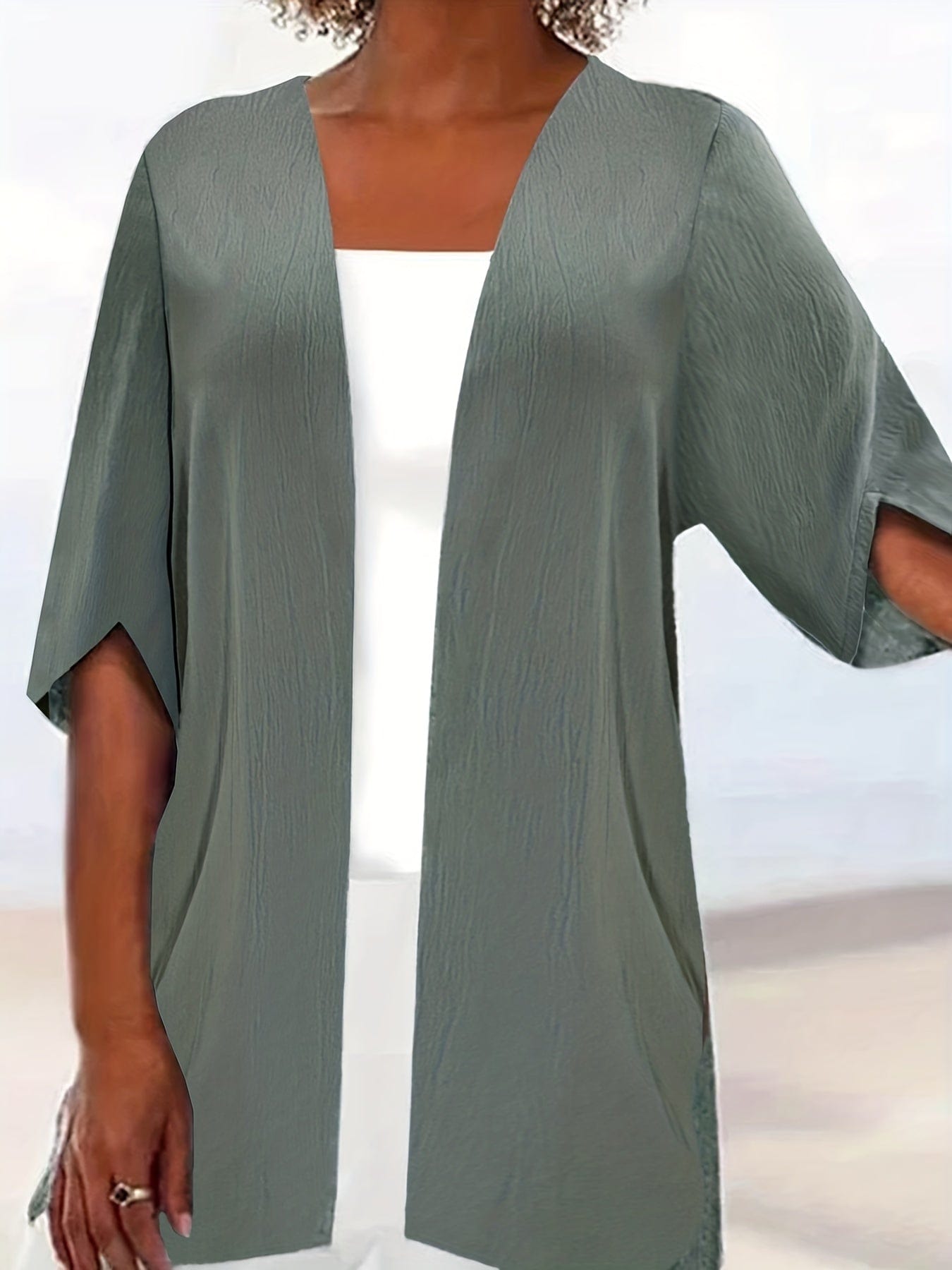 Plus Size Casual Coat, Women's Plus Solid Half Sleeve Open Front Loose Cardigan