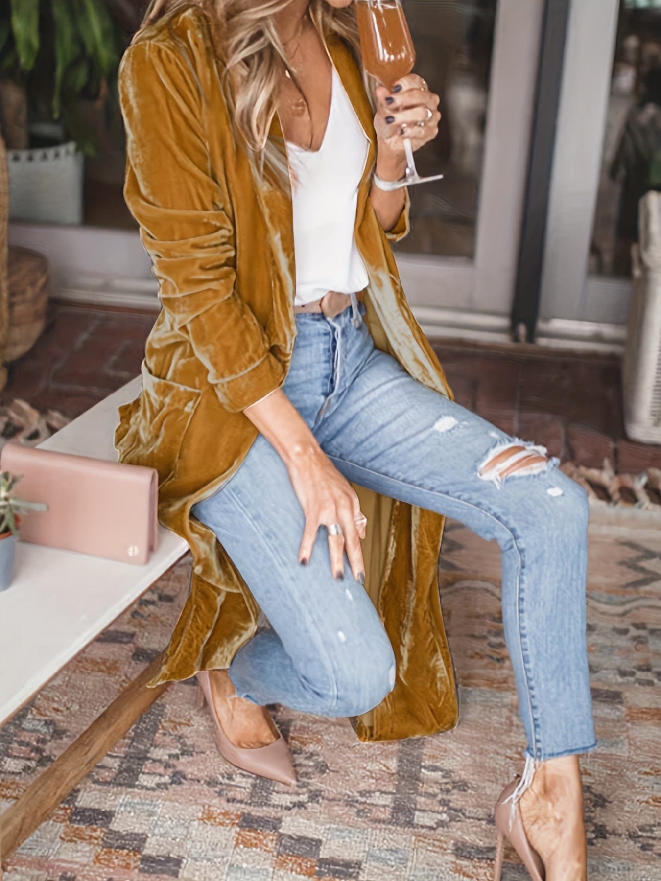Plus Size Casual Coat, Women's Plus Solid Velvet Long Sleeve Open Front Long Cardigan