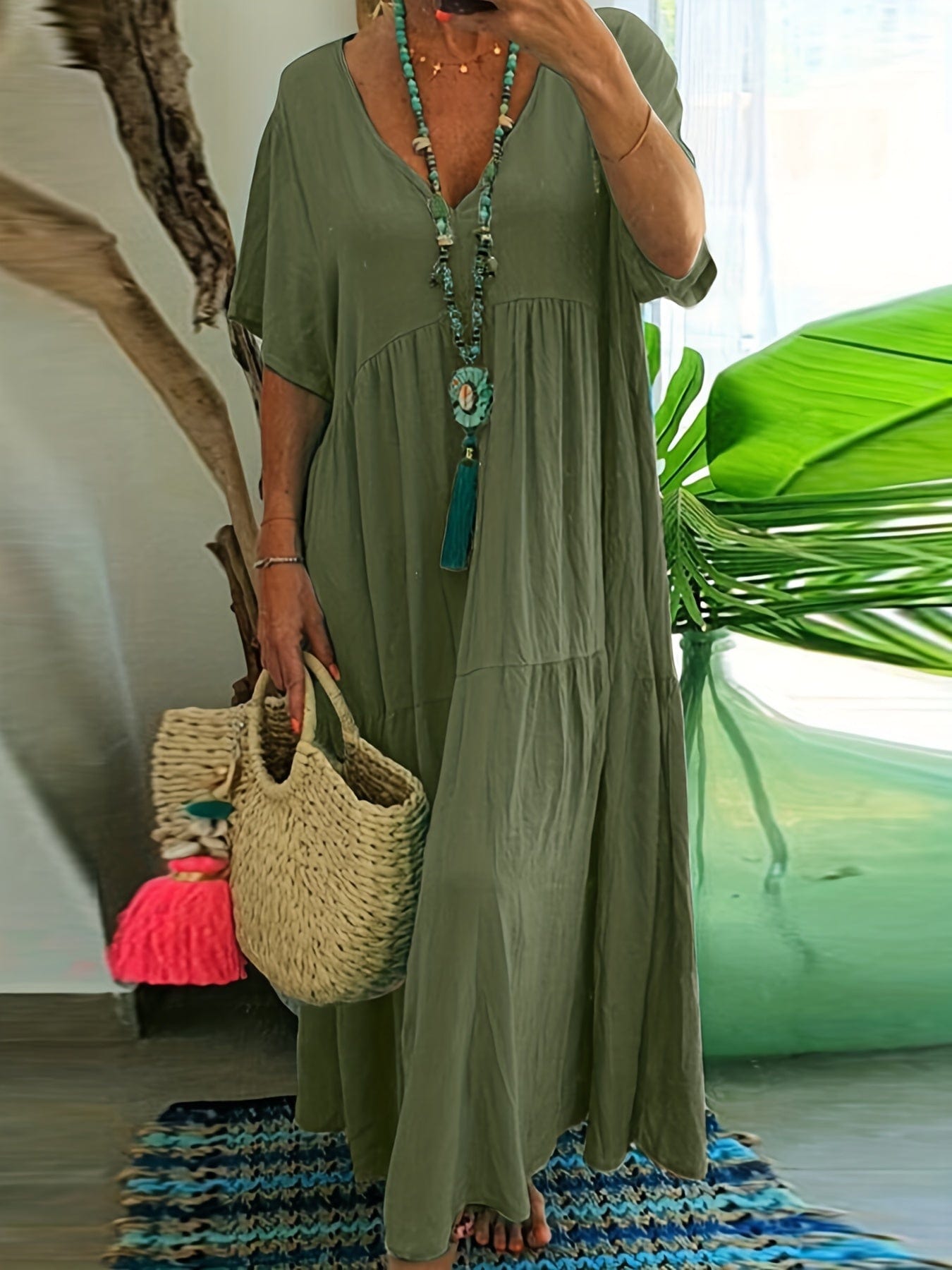 Plus Size Casual Dress, Women's Plus Solid V Neck Short Sleeve Ruffle Trim Smock Dress