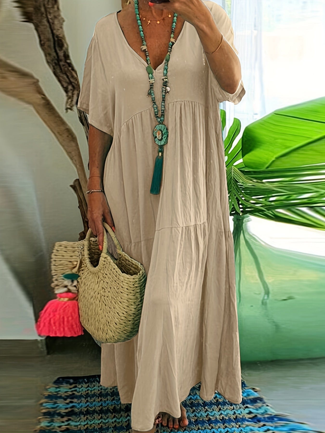 Plus Size Casual Dress, Women's Plus Solid V Neck Short Sleeve Ruffle Trim Smock Dress