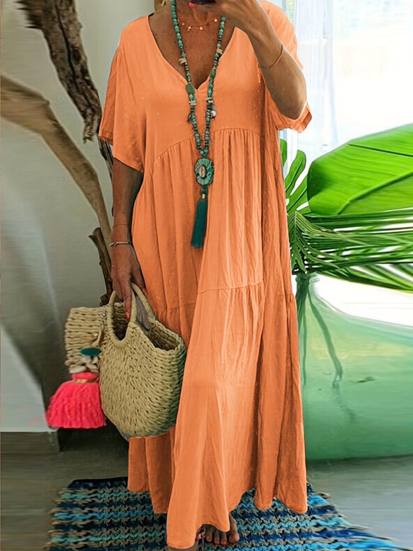 Plus Size Casual Dress, Women's Plus Solid V Neck Short Sleeve Ruffle Trim Smock Dress