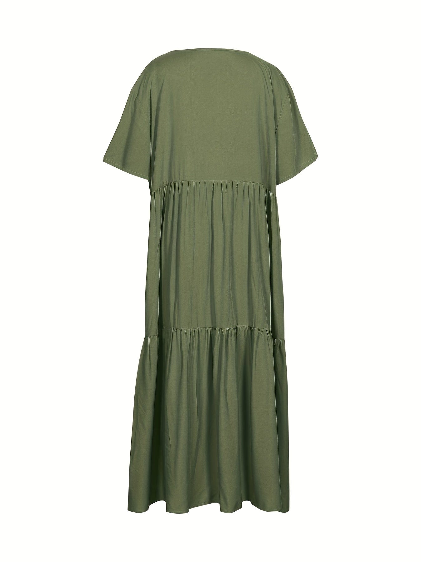 Plus Size Casual Dress, Women's Plus Solid V Neck Short Sleeve Ruffle Trim Smock Dress