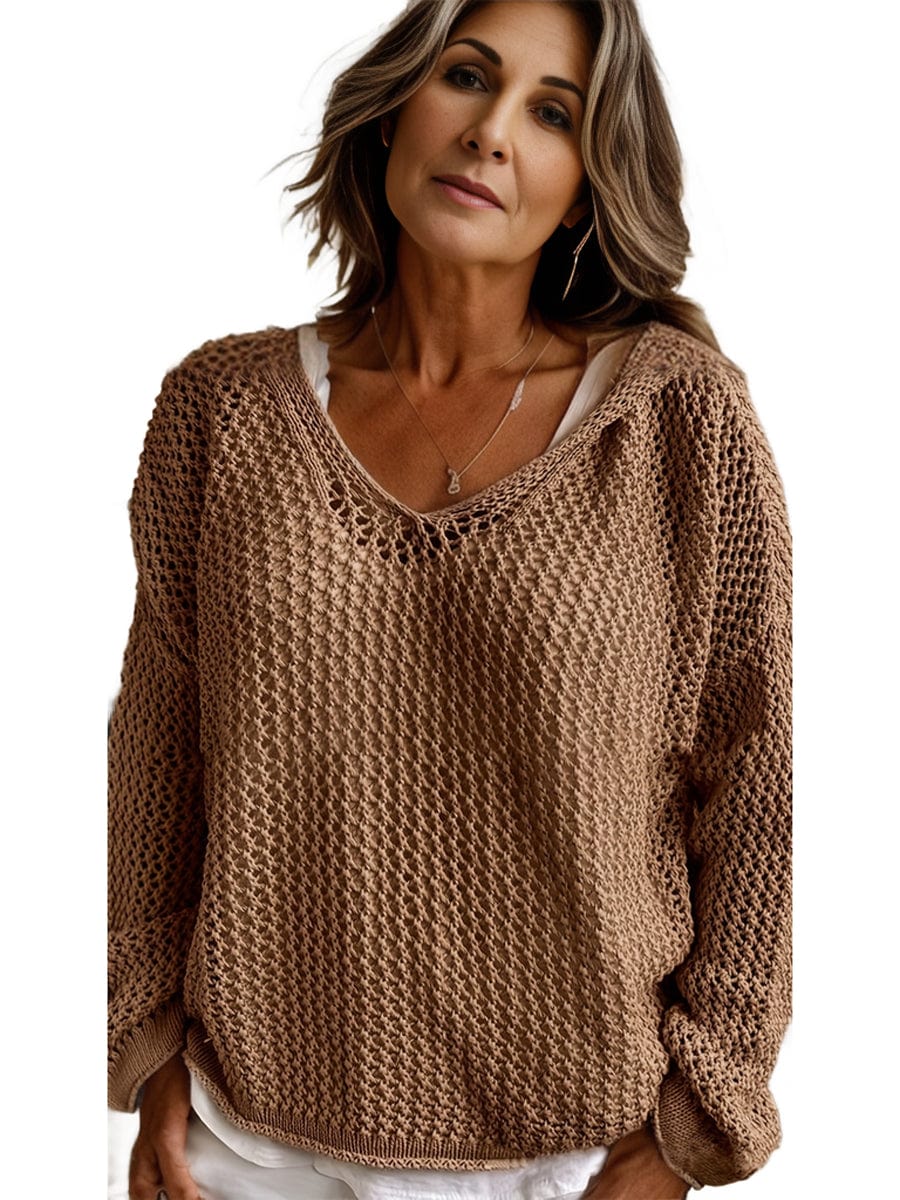 Plus Size Casual Sweater, Women's Plus Solid Long Sleeve Slight Stretch Hooded Sweater