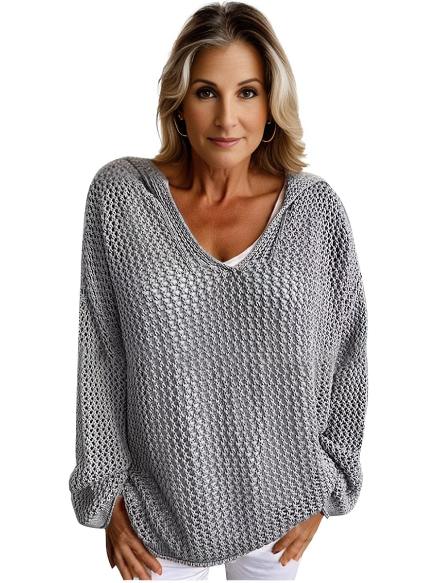 Plus Size Casual Sweater, Women's Plus Solid Long Sleeve Slight Stretch Hooded Sweater
