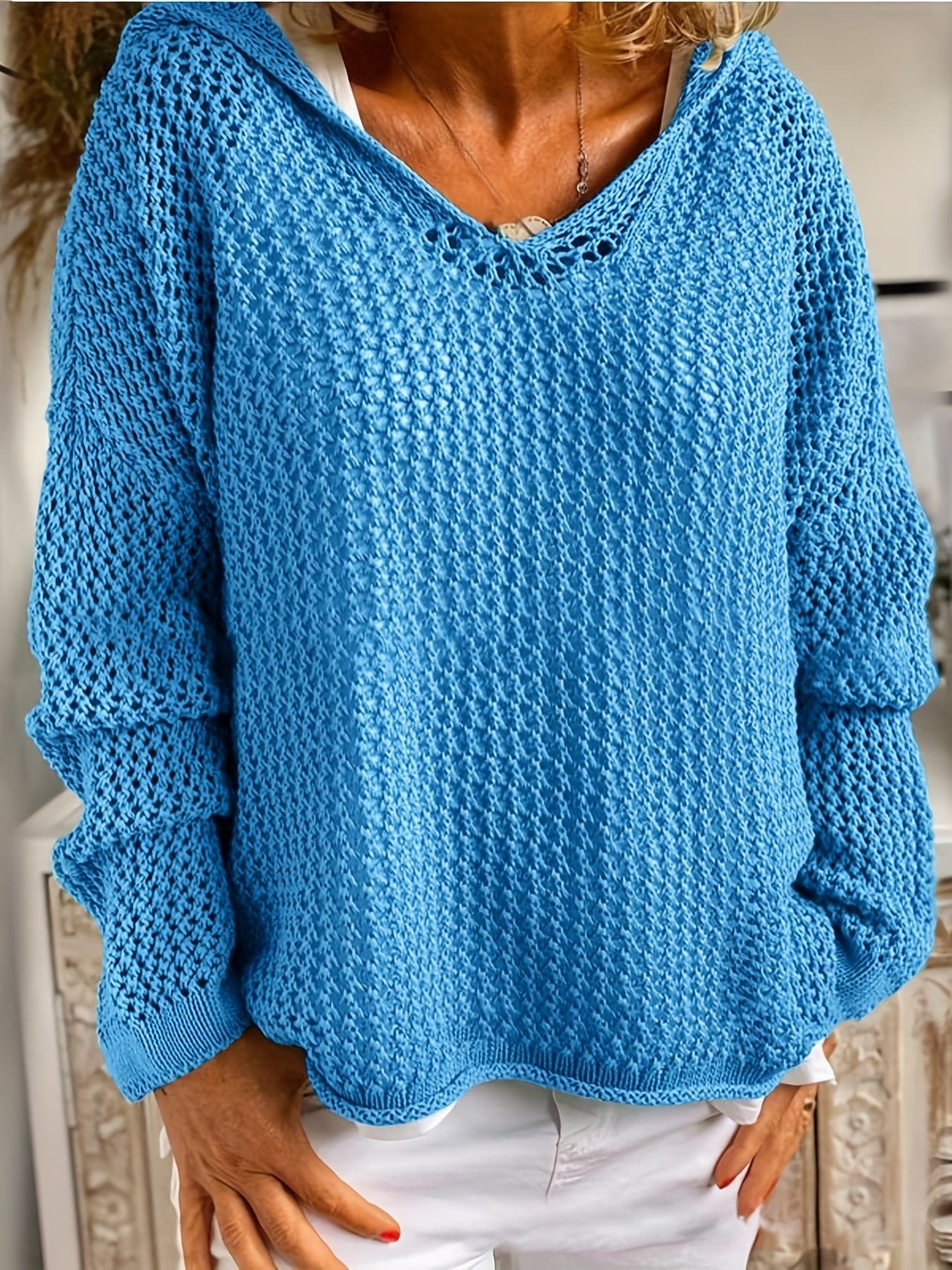 Plus Size Casual Sweater, Women's Plus Solid Long Sleeve Slight Stretch Hooded Sweater