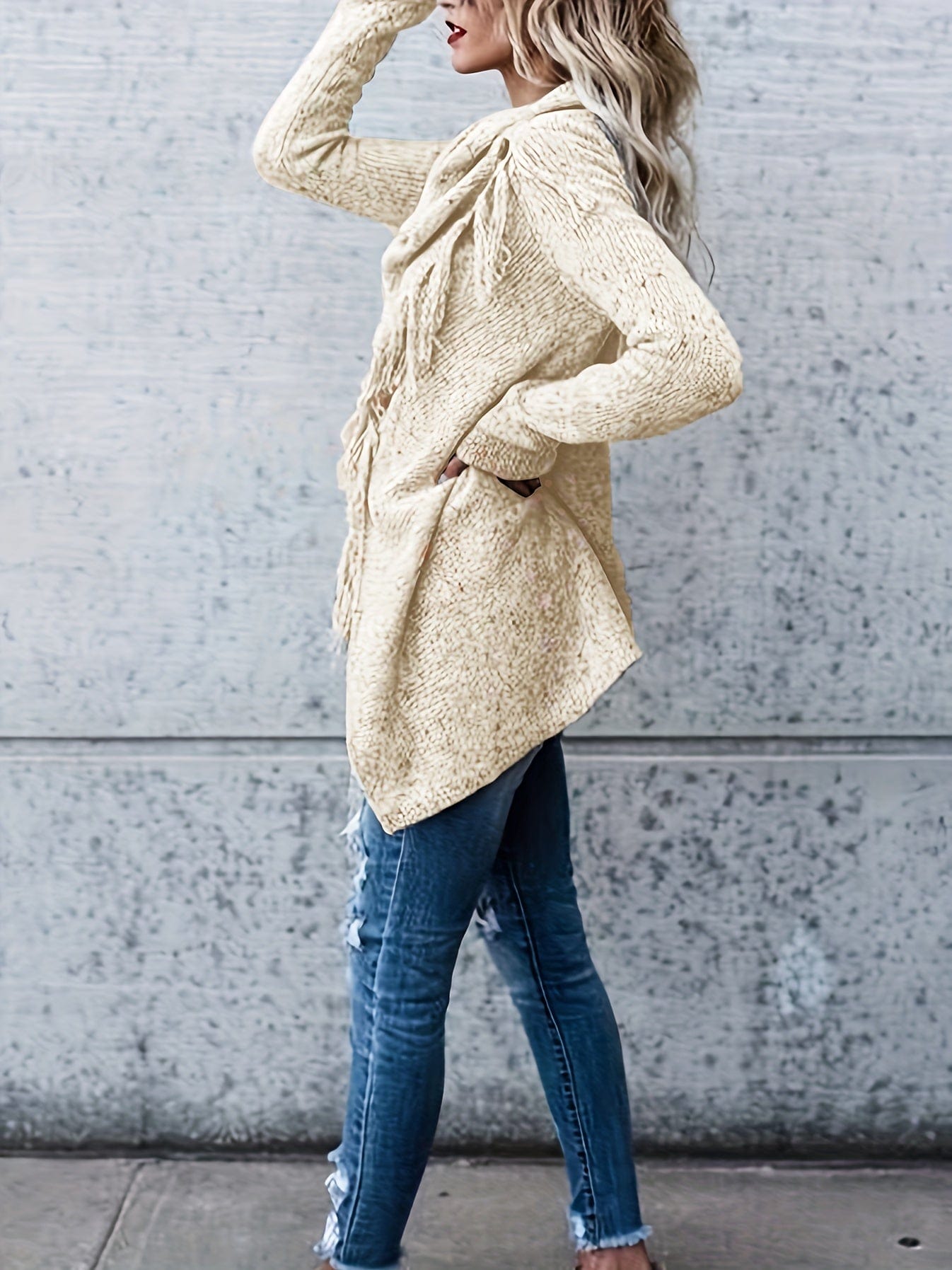Plus Size Casual Sweater, Women's Plus Solid Tassel Trim Long Sleeve Cowl Neck High Stretch Jumper