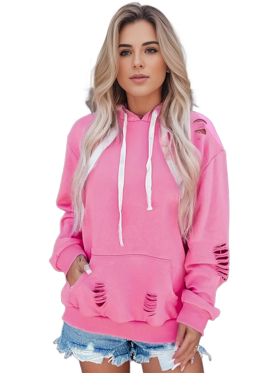 Plus Size Casual Sweatshirt, Women's Plus Solid Cut Out Long Sleeve Slight Stretch Drawstring Hoodie With Pocket