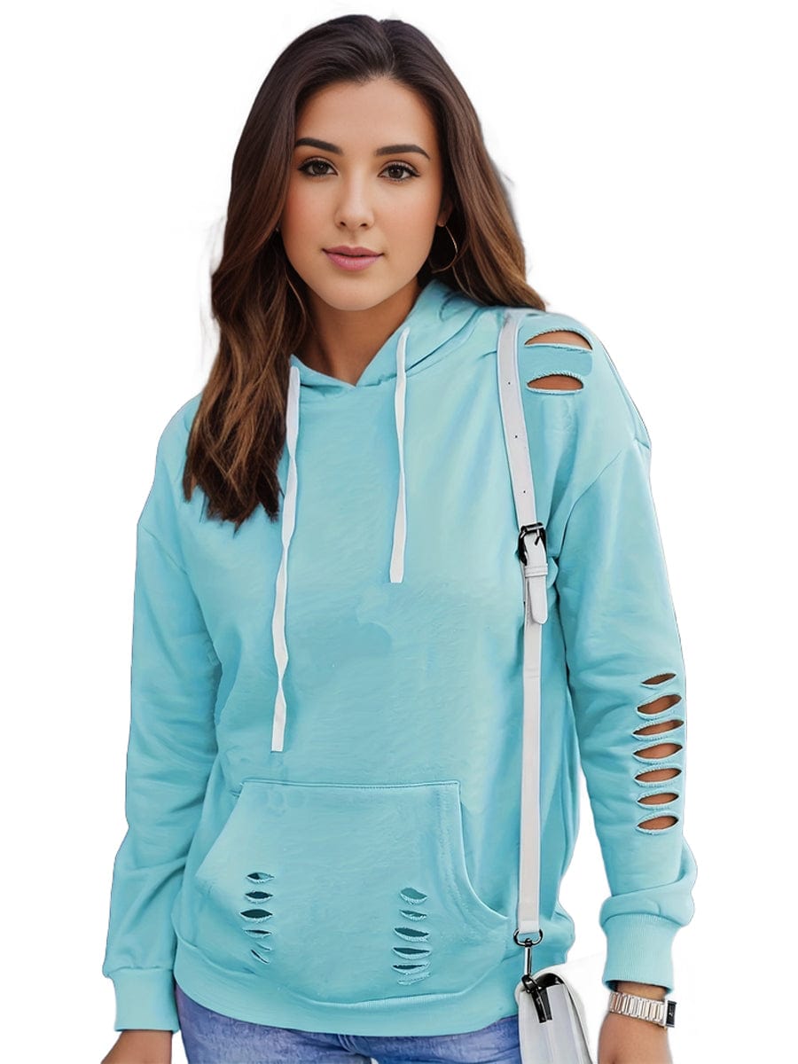 Plus Size Casual Sweatshirt, Women's Plus Solid Cut Out Long Sleeve Slight Stretch Drawstring Hoodie With Pocket