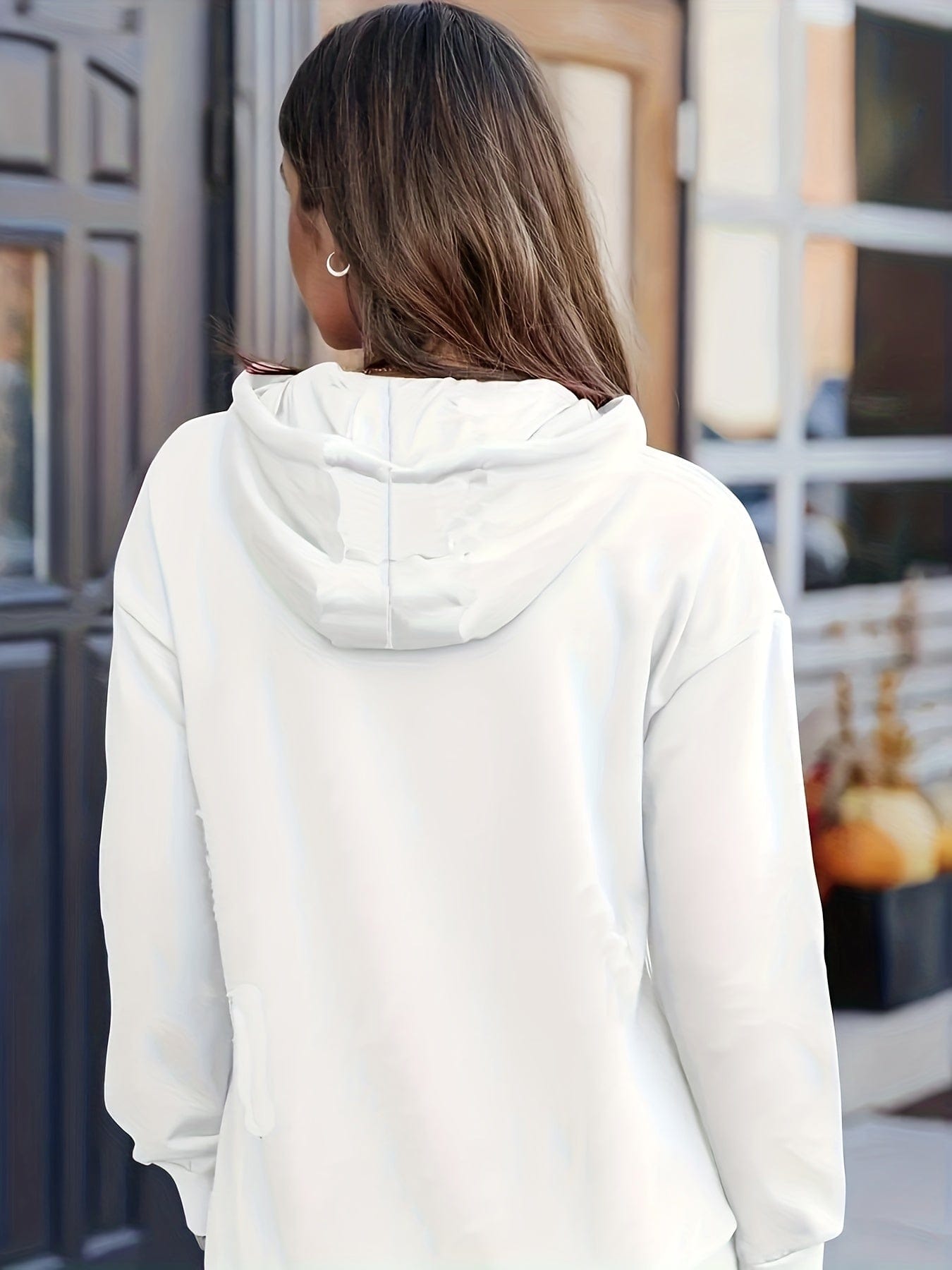 Plus Size Casual Sweatshirt, Women's Plus Solid Cut Out Long Sleeve Slight Stretch Drawstring Hoodie With Pocket