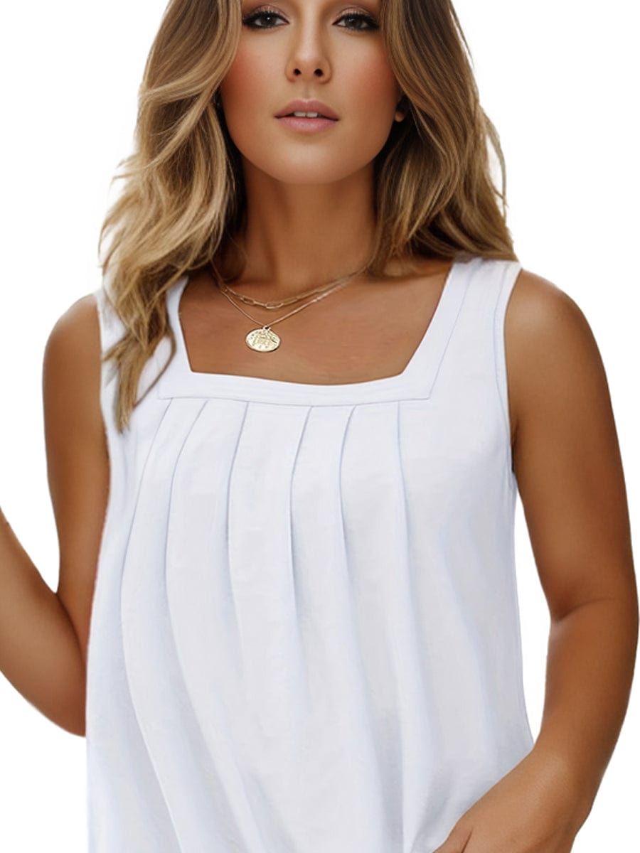 Plus Size Casual Tank Top, Women's Plus Solid Square Neck Slight Stretch Pleated Tank Top