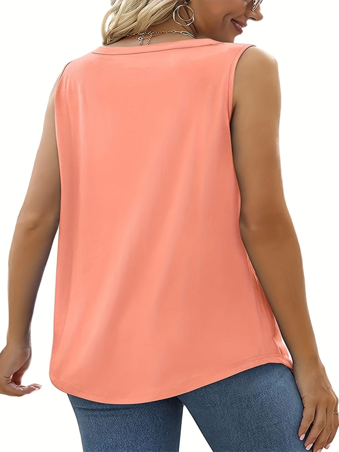 Plus Size Casual Tank Top, Women's Plus Solid Square Neck Slight Stretch Pleated Tank Top