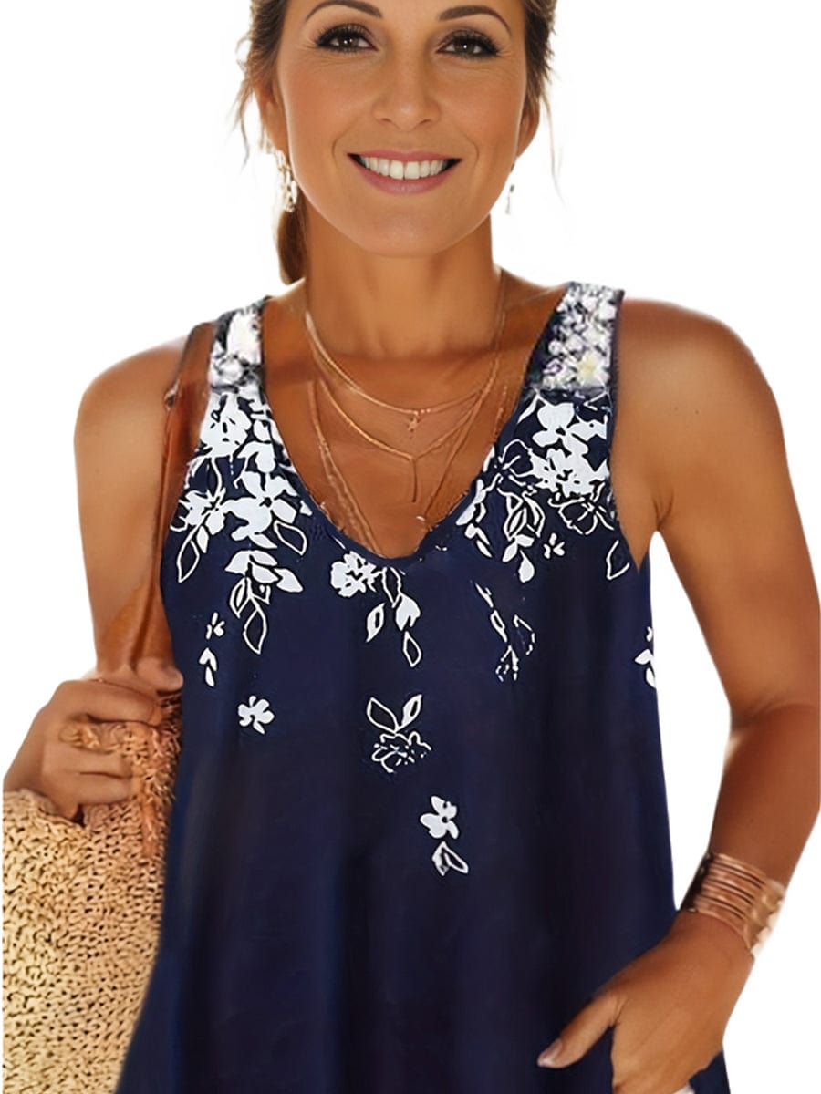 Plus Size Casual Top, Women's Plus Floral Print V Neck Slight Stretch Tank Top