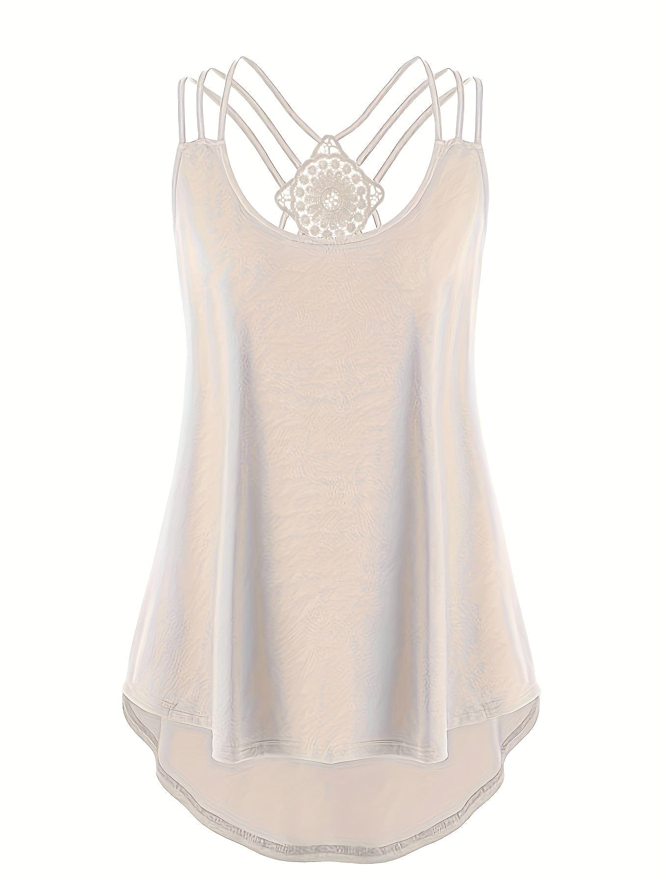 Plus Size Solid Contrast Lace Criss Cross Cami Top, Women's Plus Slight Stretch Casual Top