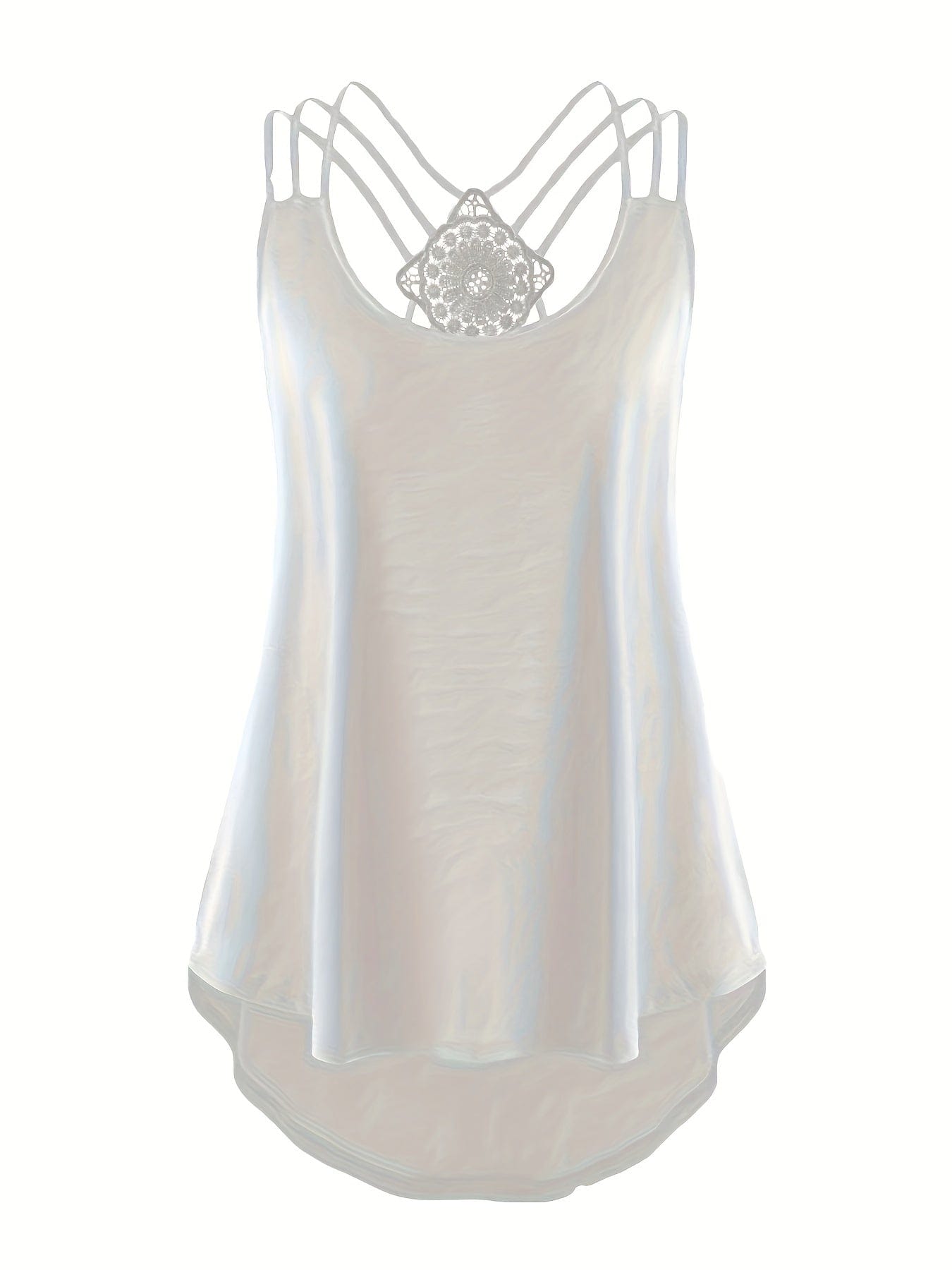 Plus Size Solid Contrast Lace Criss Cross Cami Top, Women's Plus Slight Stretch Casual Top