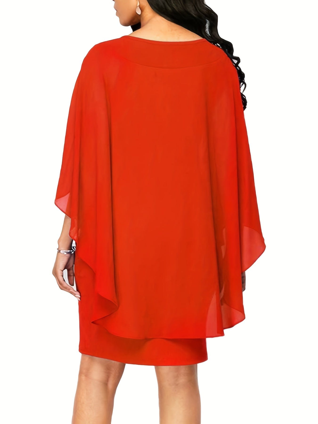 Plus Size Solid Round Neck 3/4 Sleeve Cape Midi Dress, Women's Plus Elegant Slight Stretch Cape Midi Dress