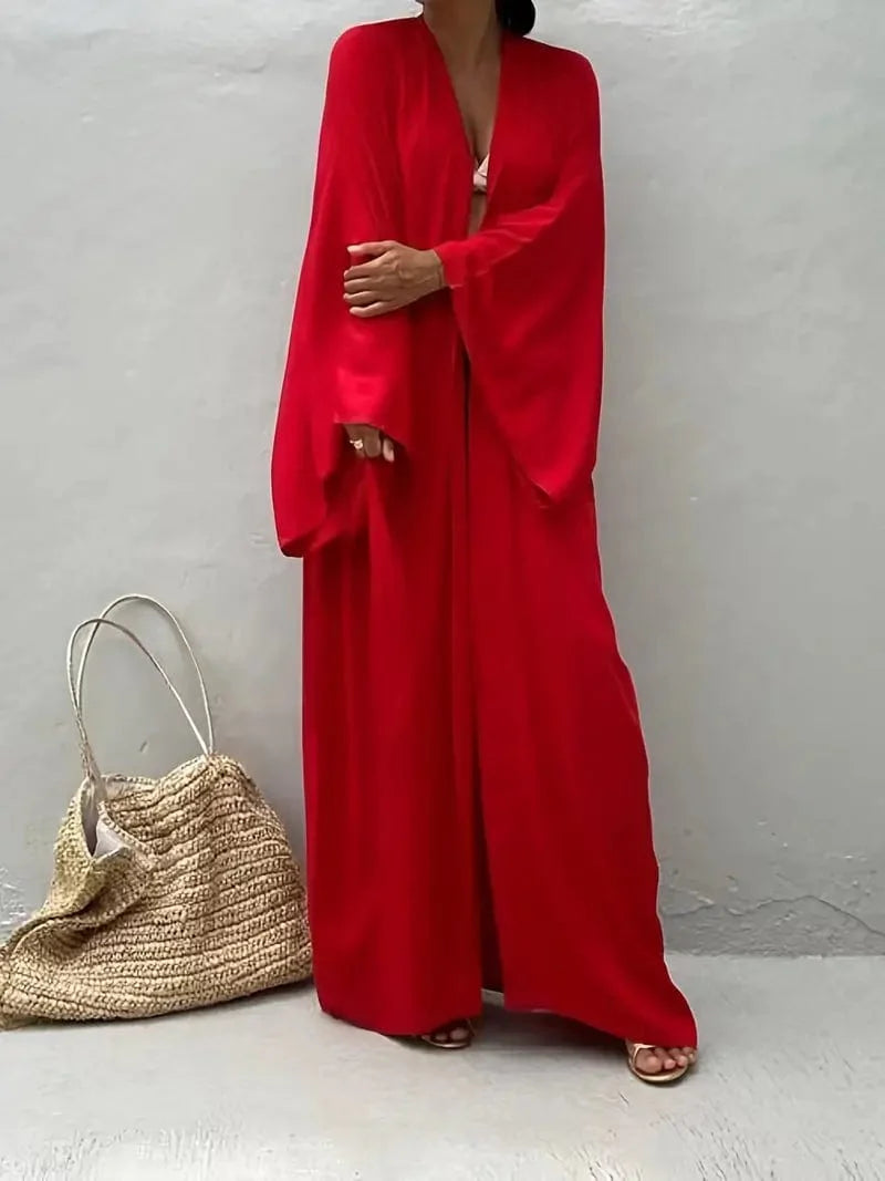 Solid Long Sleeve Loose Swim Robe Beach Cover Up Coat