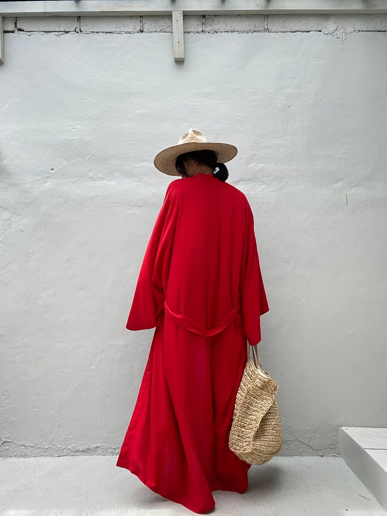 Solid Long Sleeve Loose Swim Robe Beach Cover Up Coat