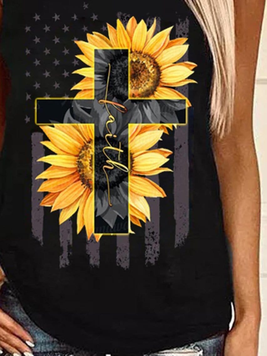 Sunflower Cross Print Round Neck Sleeveless Tank Tops