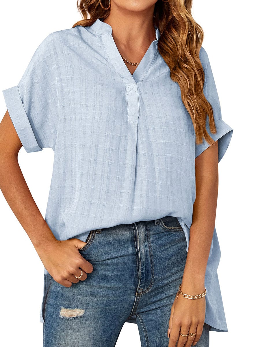 V-Neck Thin Loose Plaid Short-Sleeved Blouse