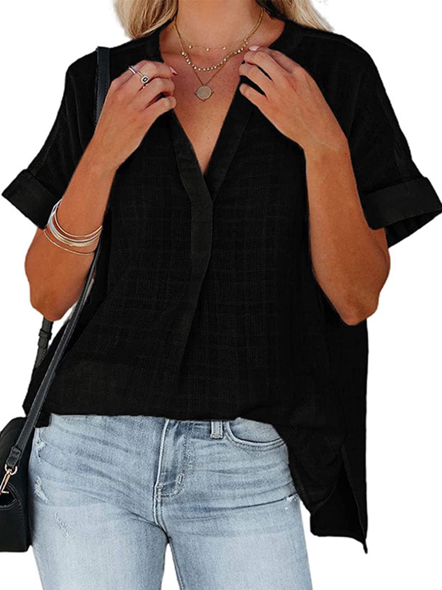 V-Neck Thin Loose Plaid Short-Sleeved Blouse