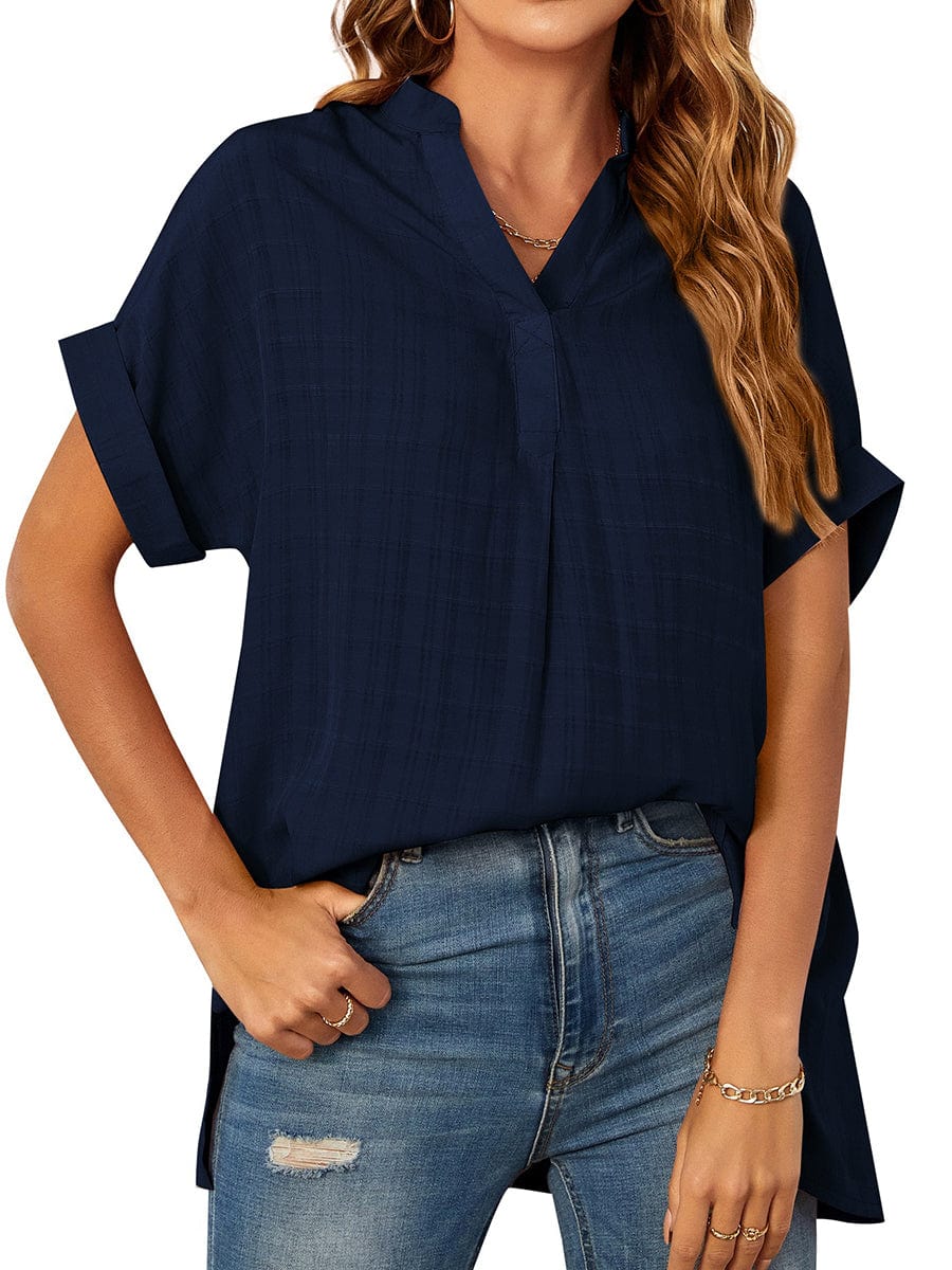 V-Neck Thin Loose Plaid Short-Sleeved Blouse