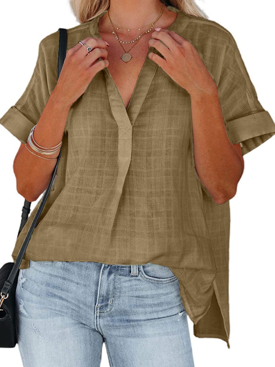 V-Neck Thin Loose Plaid Short-Sleeved Blouse