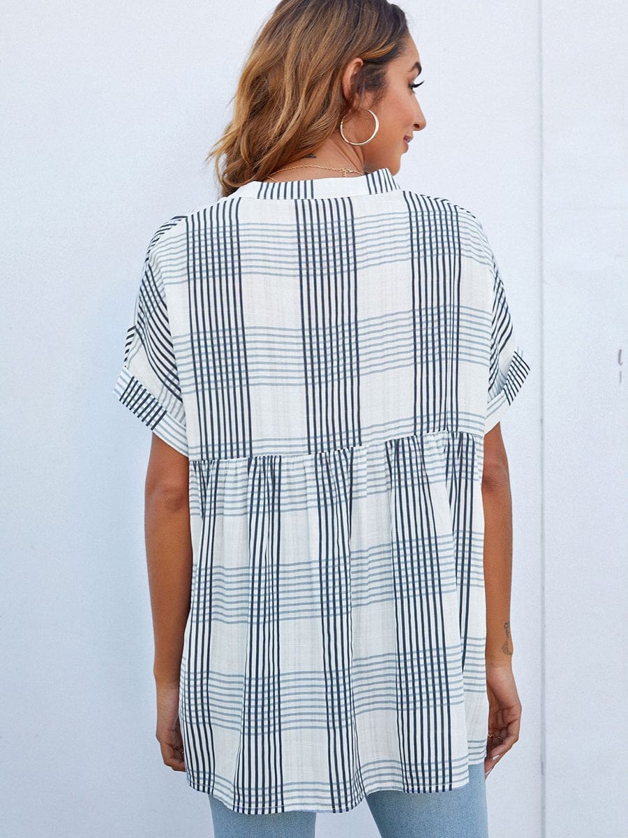 V-Neck Thin Loose Plaid Short-Sleeved Blouse