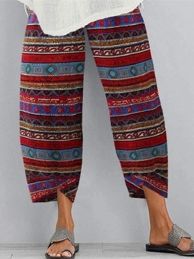 Women's Stylish Cotton Linen Chinos Slacks With Pocket Print