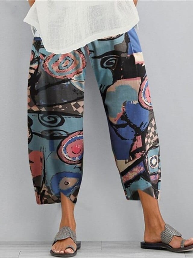 Women's Stylish Cotton Linen Chinos Slacks With Pocket Print