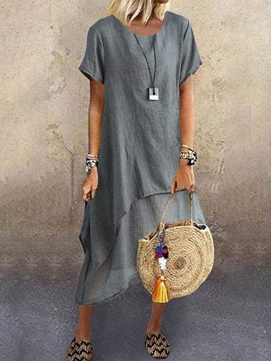 A-Line Women's Cotton Linen Midi Dress with Crew Neck