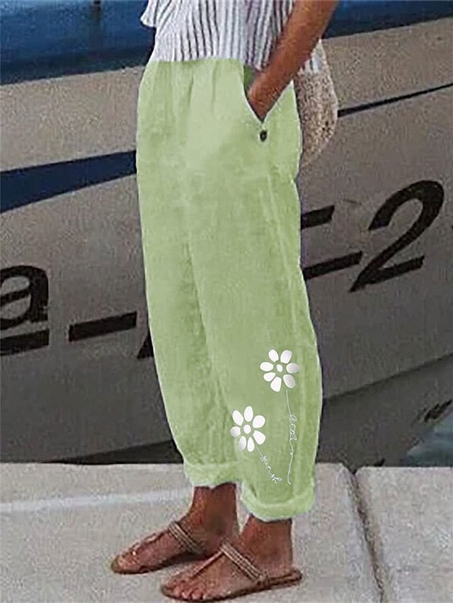 Faux Linen Women's Casual Trousers with Side Pockets