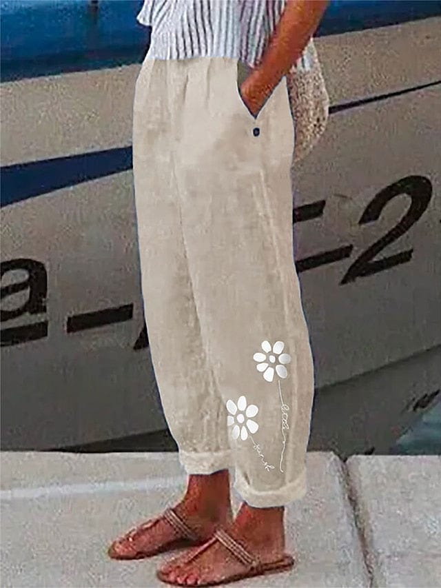 Faux Linen Women's Casual Trousers with Side Pockets