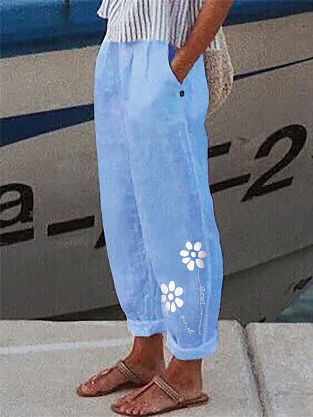 Faux Linen Women's Casual Trousers with Side Pockets
