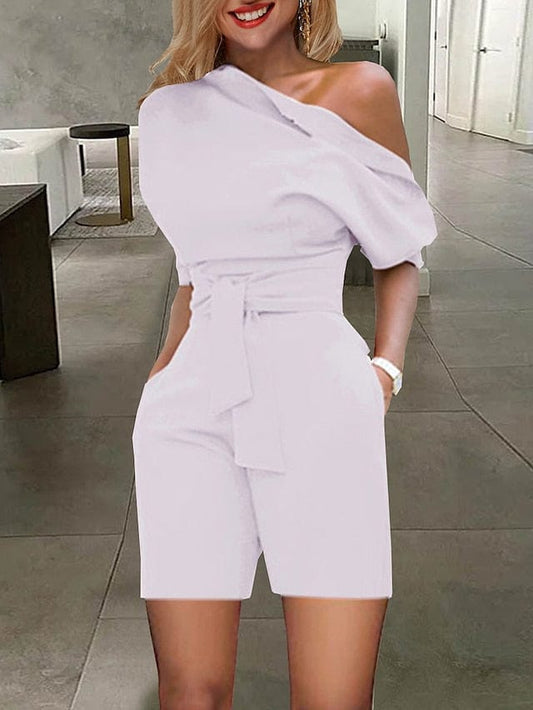 Yellow and Red One Shoulder Lace-Up Backless Romper with Half Sleeves
