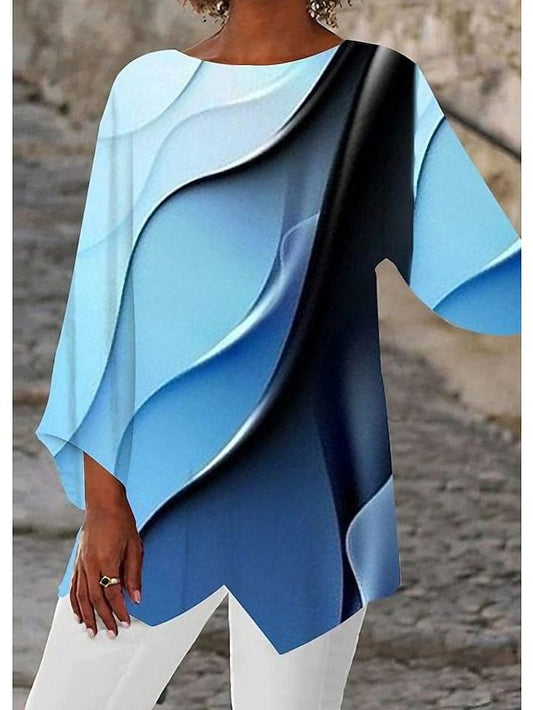 Abstract Graphic Print Women's Asymmetric Long Sleeve Blouse