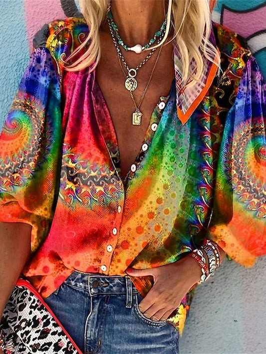 Yellow and Orange Graphic Print V-Neck Long Sleeve Shirt Blouse