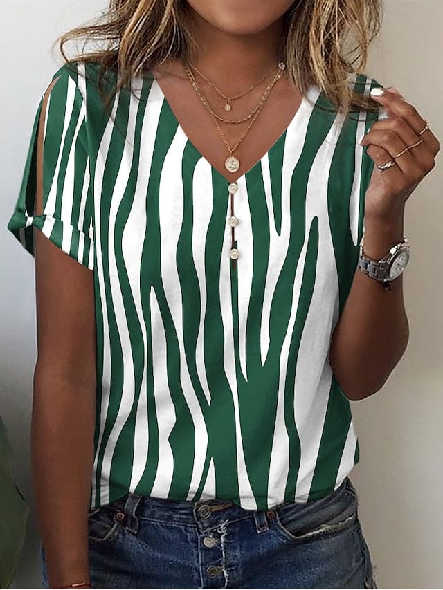 Anchor and Zebra Print V-Neck Women's T-Shirt with Cut Out Design