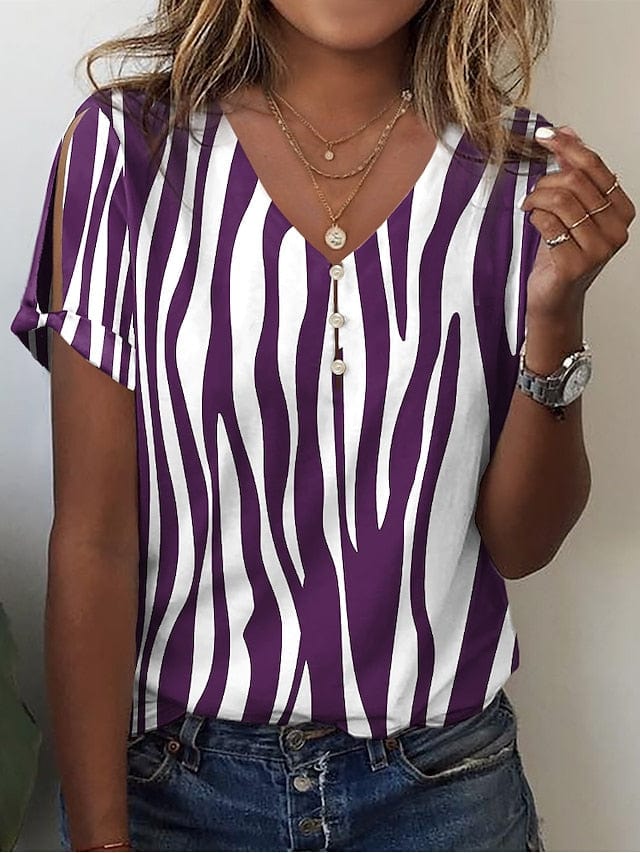 Anchor and Zebra Print V-Neck Women's T-Shirt with Cut Out Design