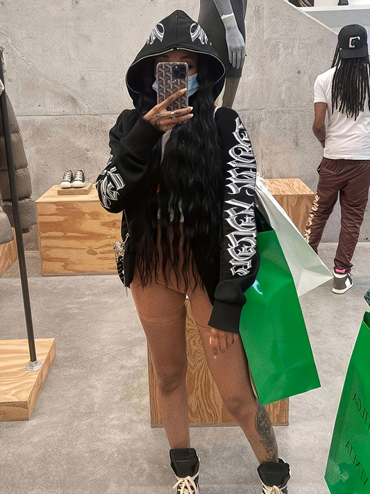 Y2K Style Letter Graphic Zip Up Long Sleeve Sports Hoodie