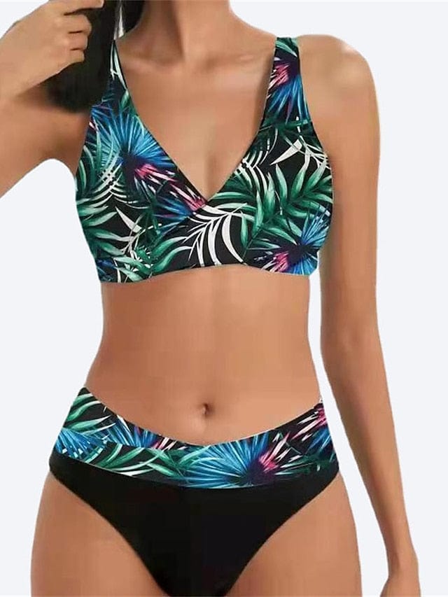 Women's Backless Leaf Print Push-Up Bikini Set