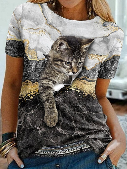3D Cat Print Women's Graphic T-Shirt in Black White Blue