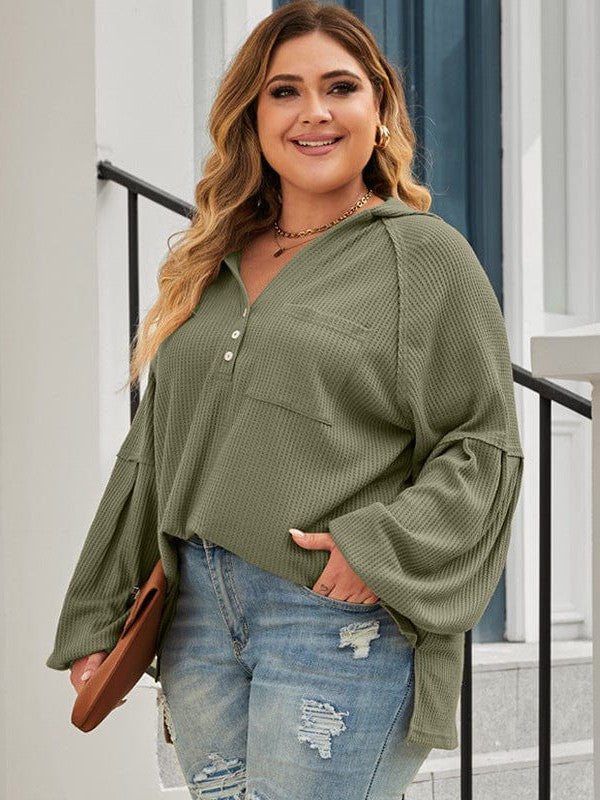 Plus Size Waffle Hooded Pullover Sweatshirt for Women