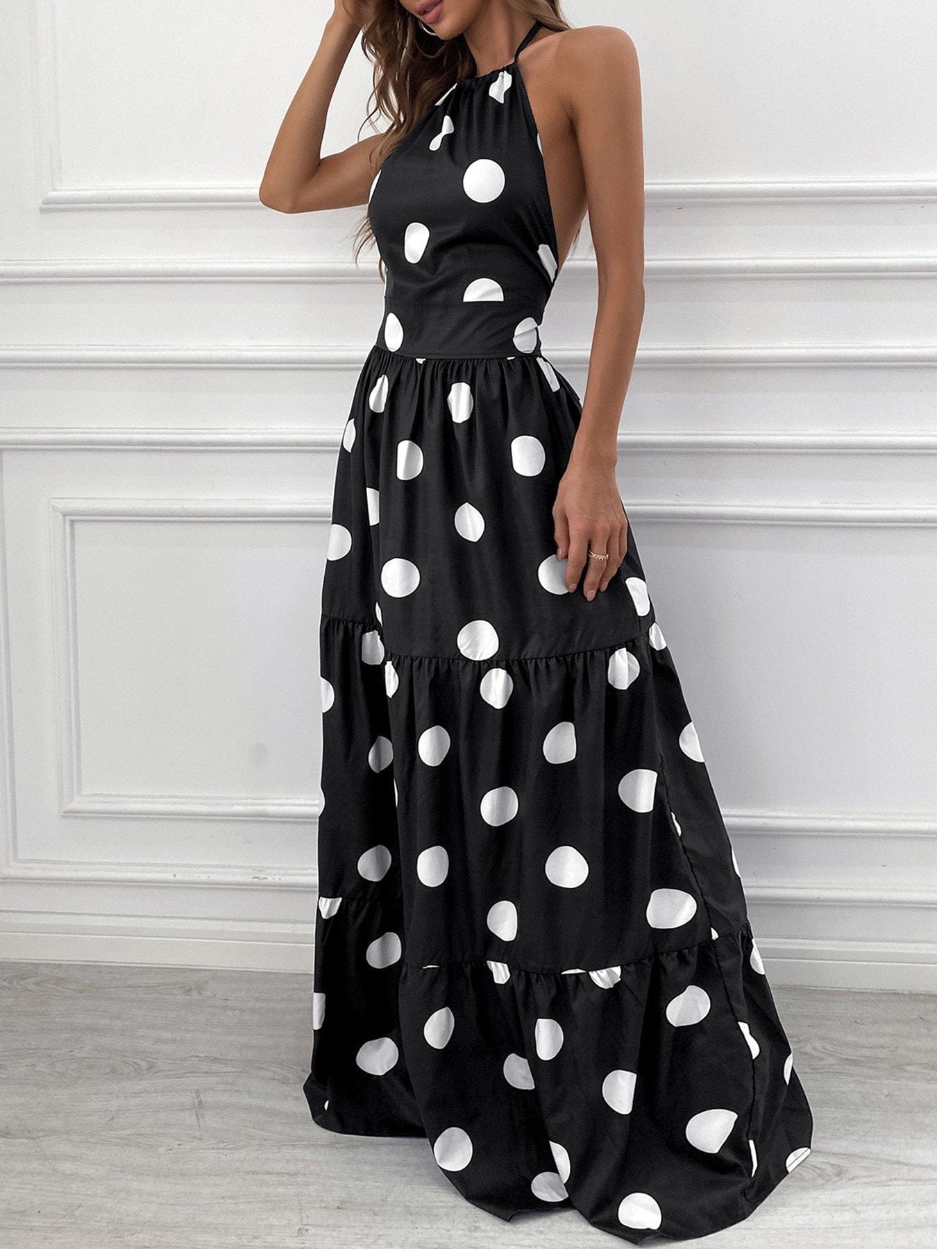 Polka Dot Print Halter Backless Ruched Maxi Dress