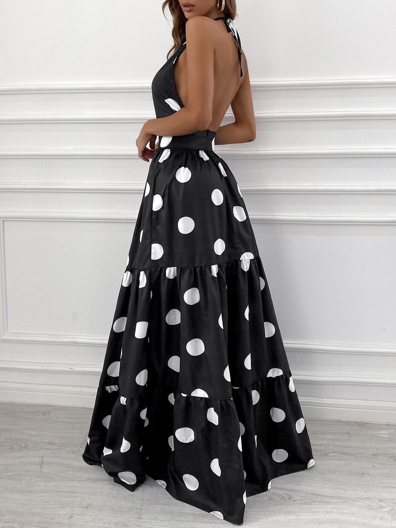 Polka Dot Print Halter Backless Ruched Maxi Dress