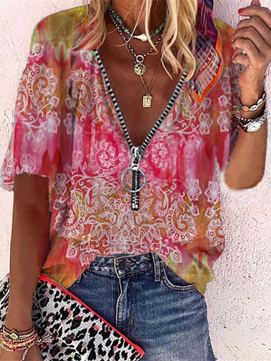 Zippered Mid-sleeve Loose Fit Printed Blouse