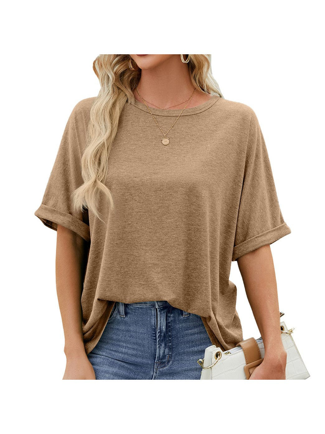 Round neck solid color short sleeve loose casual large size T-shirt